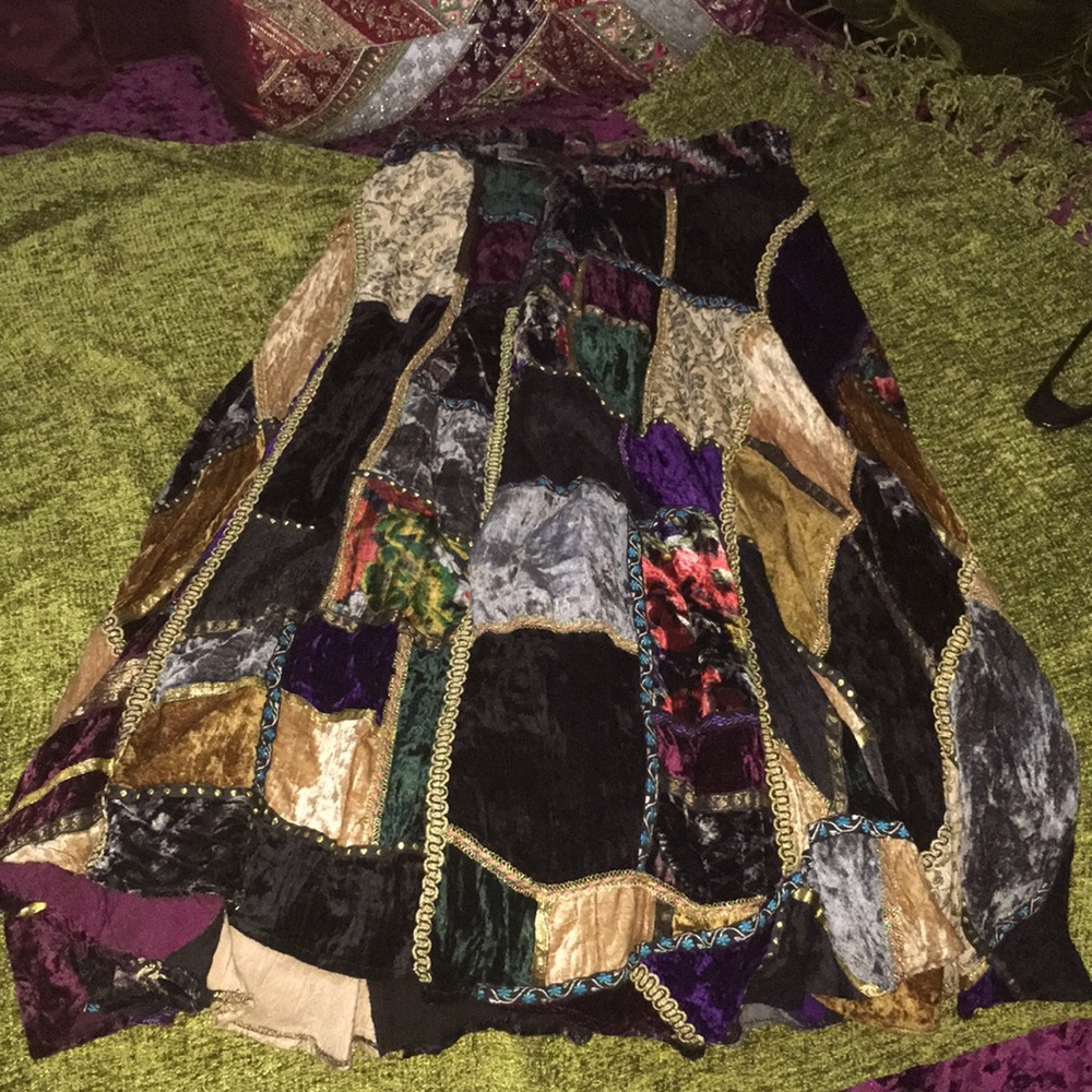 Gypsy patchwork velvet & silk skirt witchy whimsigoth long skirt size M/L